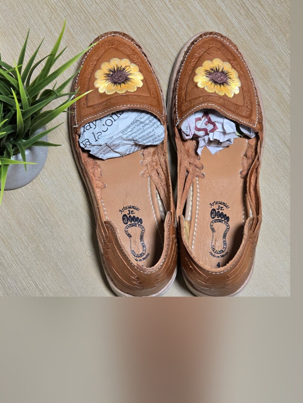 Brown Leather Slip-On Shoes with Yellow Sunflower Accent (Size 7)